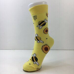 Womens Bee-Themed Novelty Crew Socks Sunflower Design Yellow Black White